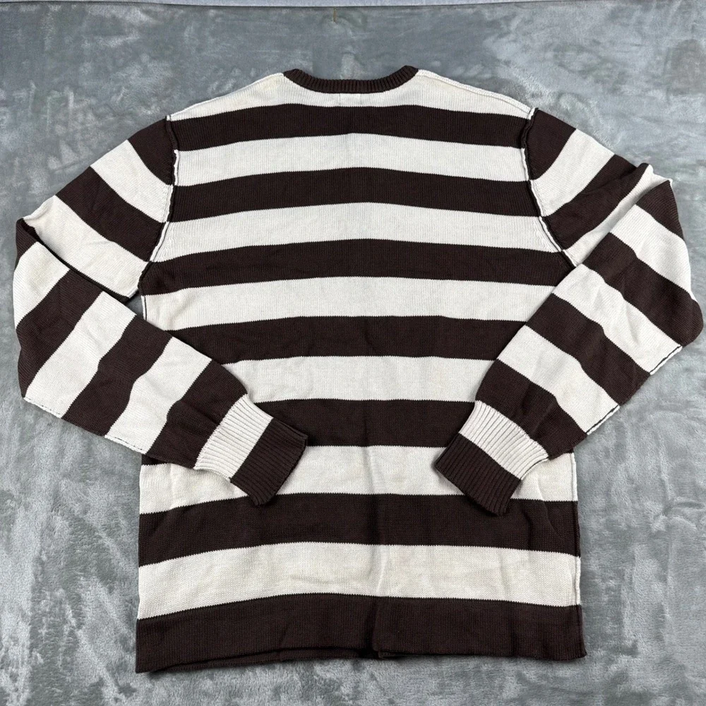 Guess by Marciano Mens XL Striped Henley Sweater Brown White Cotton NEW